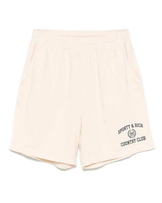 Sporty & Rich Natural Varsity Crest-Print Track Shorts