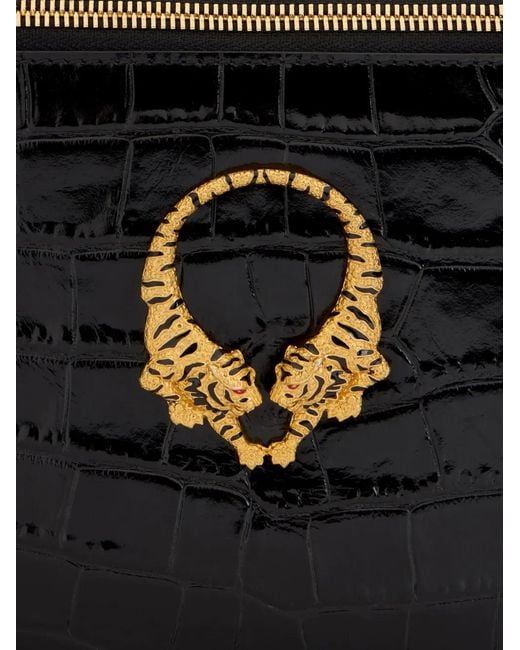 Roberto Cavalli Black Croc-Effect Tiger-Plaque Belt Bag for men