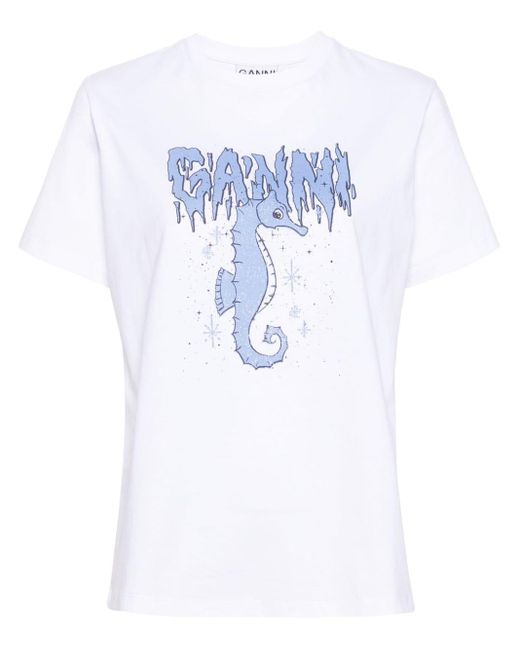 Ganni Blue Seahorse Print Cotton T-Shirt