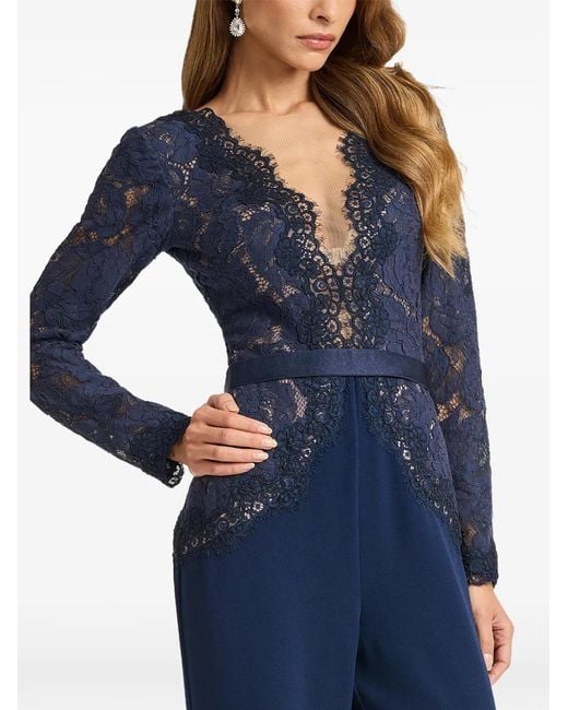 Tadashi Shoji Blue Amaris Lace-Panelled Belted Jumpsuit