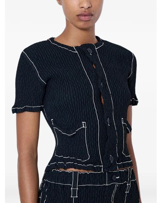 Issey Miyake Blue Wavelet Crinkle-Textured Contrast-Stitch Top