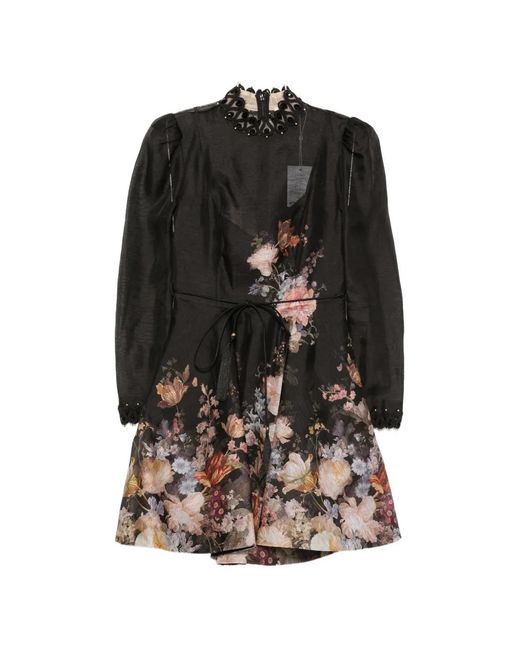 Zimmermann Black Valiant Floral-Print Mini Dress