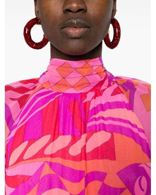 Nissa Pink Abstract-print Silk Maxi Dress