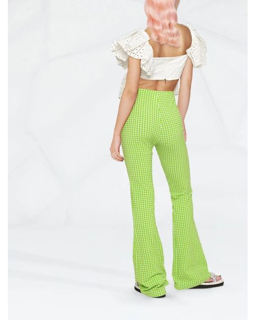 MSGM Green Check-Pattern Flared Trousers