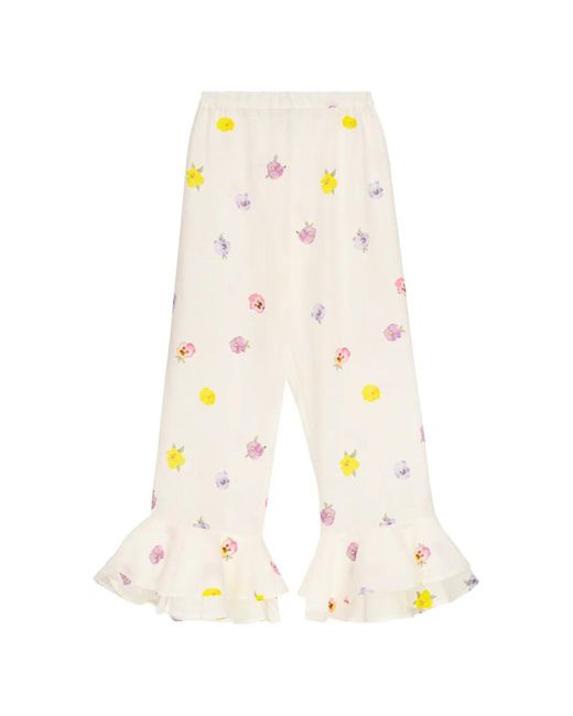 Sleeper White Cha-Cha Floral-Print Ruffled Trousers