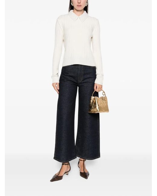Maje White Pearl-Collar Ribbed Jumper