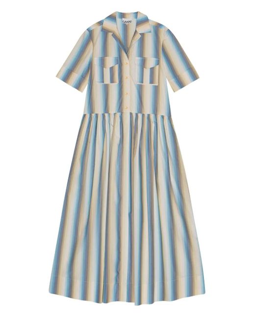 Ganni Blue Striped Button-Up Shirt Dress