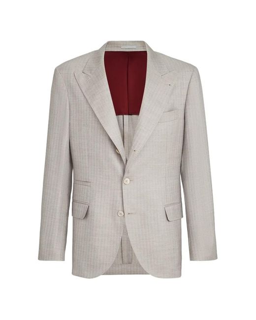 Brunello Cucinelli Gray Cashmere And Silk Chevron Deconstructed Blazer With Peak Lapels for men