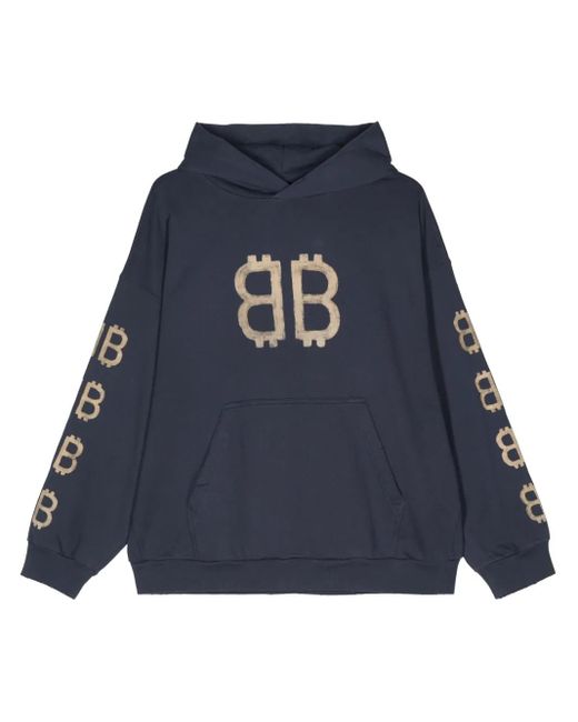 Balenciaga Blue Crypto Logo-Print Distressed Hoodie
