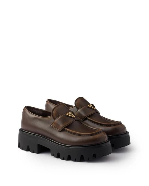 Prada Brown Triangle-Logo Platform Leather Loafers