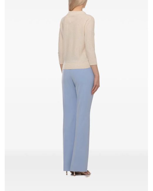 Emme White Sequin-Embellished Quarter-Sleeved Polo-Collar T-Shirt