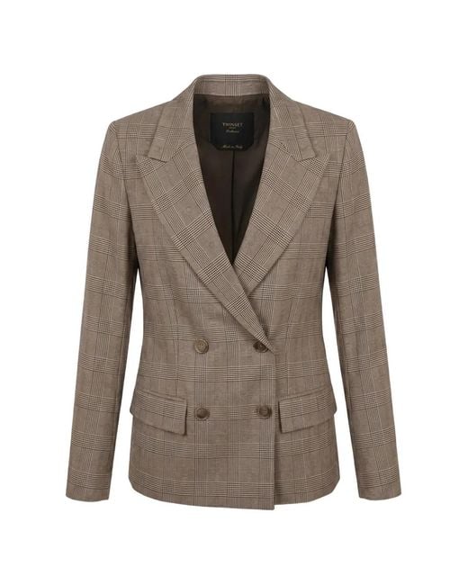 Twinset Brown Double-Breasted Checked Blazer