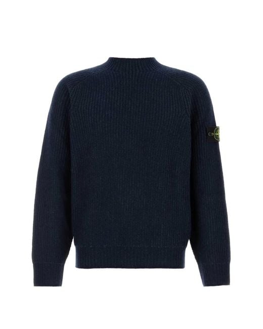 Stone Island Blue Ribbed-Knit Logo-Patch Sweater for men