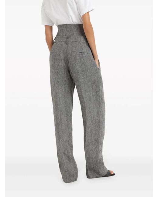 Brunello Cucinelli Gray Linen Wide Leg Trousers
