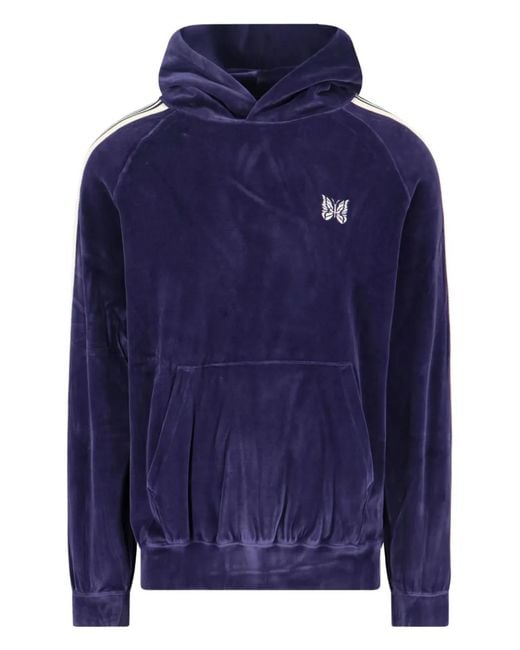 Needles Blue Logo-Embroidered Striped Hoodie for men