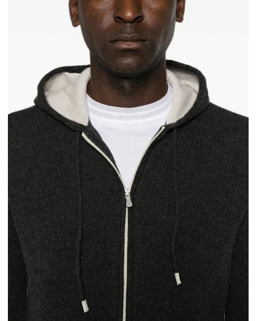 Eleventy Black Ribbed-Knit Zip-Up Hoodie for men