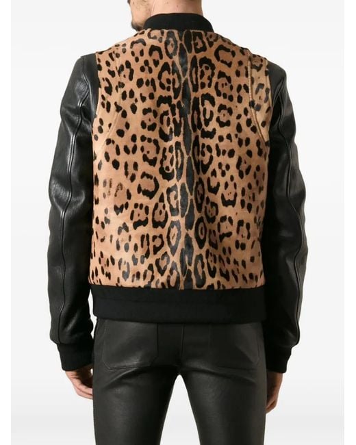 Balmain Brown Leopard-Print Leather-Sleeve Jacket for men