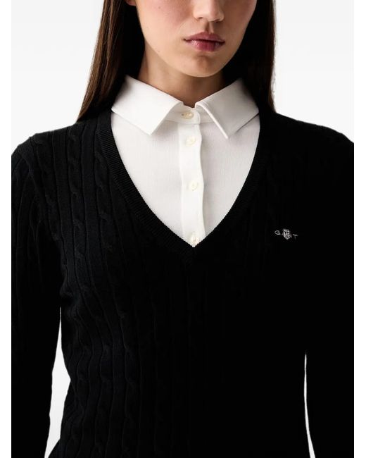 Gant Black Cable-Knit V-Neck Sweater