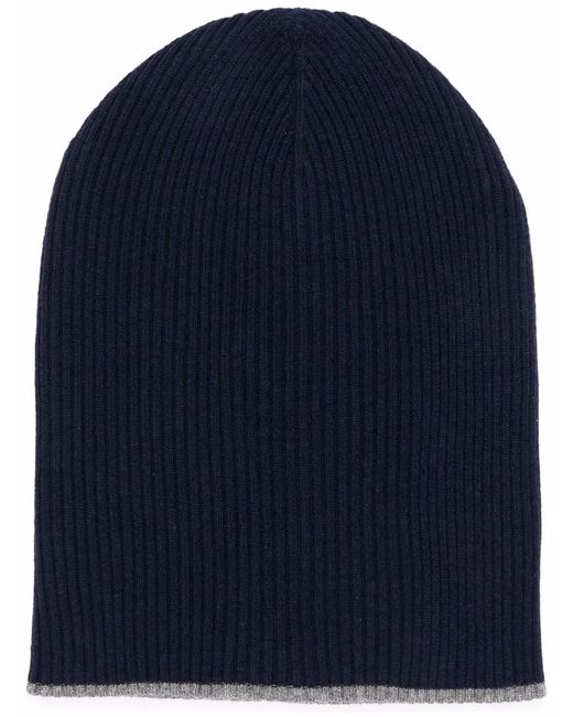 Brunello Cucinelli Blue Cashmere Rib Knit Beanie for men