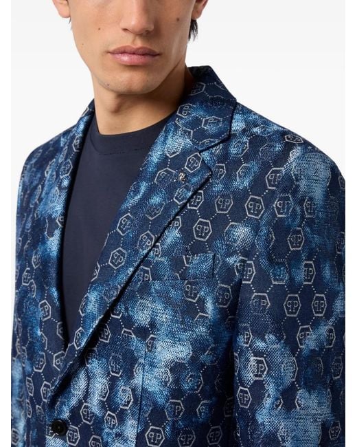 Philipp Plein Blue Jacquard-Monogram Blazer for men