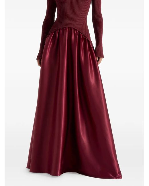 Manière De Voir Red Adeline Knit & Satin Curved Hem Maxi Dress