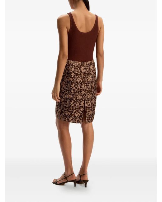 12 STOREEZ Brown Floral-Pattern Silk Midi Skirt