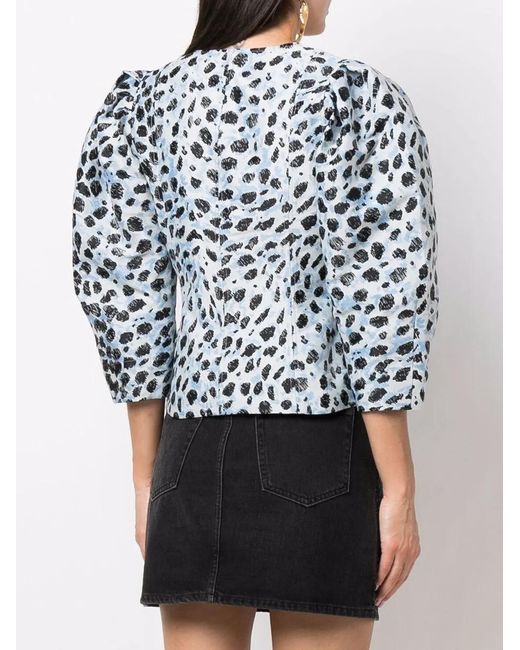 Ganni Blue Leopard-Print Puff-Sleeve Top