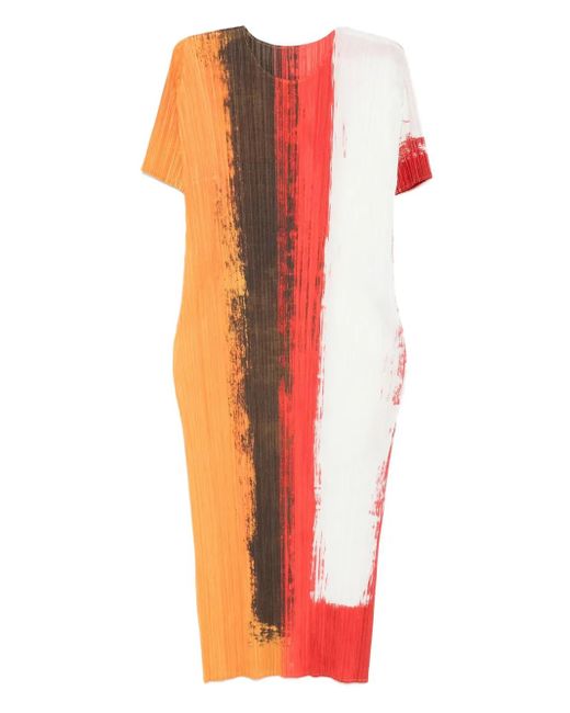 Robe Mi-Longue Plissée À Effet Taches De Peinture Pleats Please Issey Miyake en coloris Orange