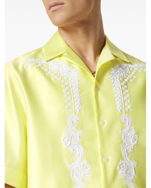 Versace Yellow Floral-embroidered Short-sleeve Shirt for men