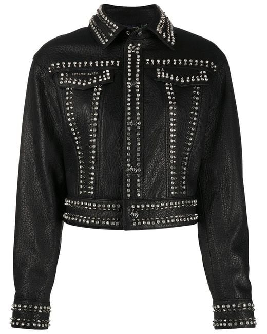 Philipp Plein Black Leather Skull Biker Jacket