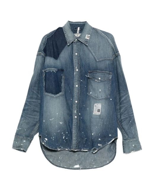 Maison Mihara Yasuhiro Blue Paint-Splatter Patchwork Denim Shirt for men