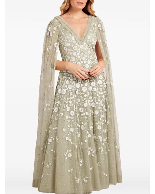 Needle & Thread White Ethereal Blooms Cape-Sleeve Floral-Print Gown Maxi Dress