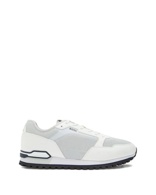 Boss White Mesh Panel Sneakers for men