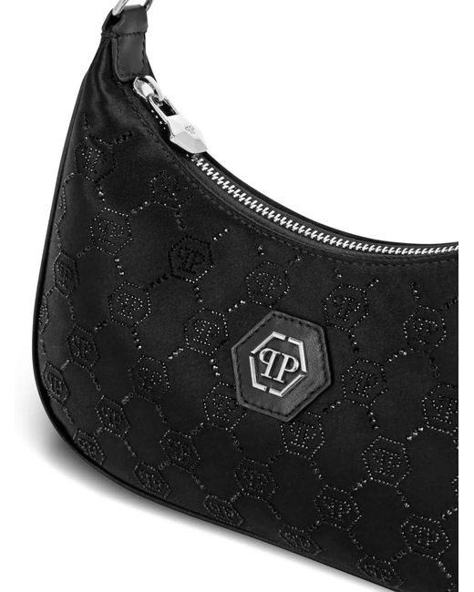 Philipp Plein Black Monogram-Pattern Satin Shoulder Bag