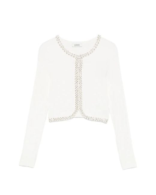 Sandro White Cardigan À Strass Et Perles Artificielles