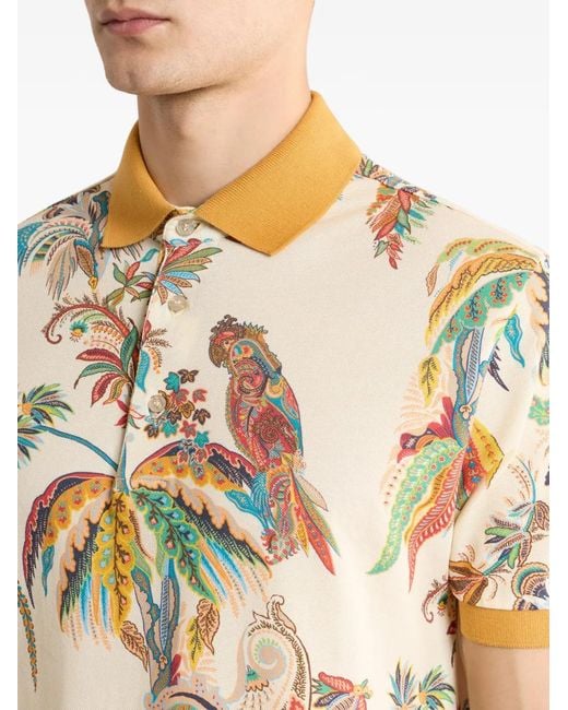 Etro White Parrot And Palm-Tree Motif Polo Shirt for men
