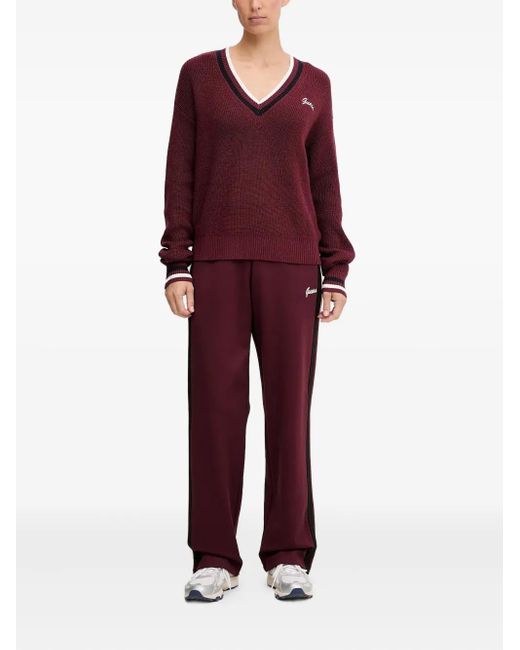 Guess Red V-Neck Striped Sweater