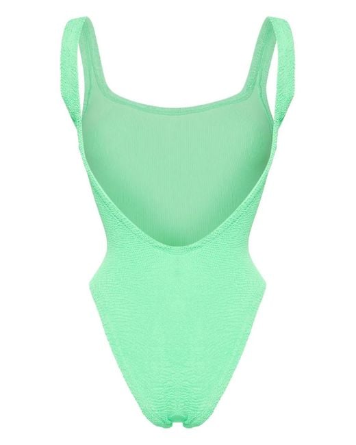 Hunza G Green Crinkle-Effect Square-Neck Swimsuit