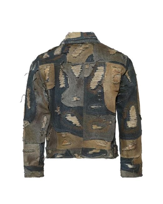 Who Decides War Green Patchwork Distressed Trucker Denim Jacket for men