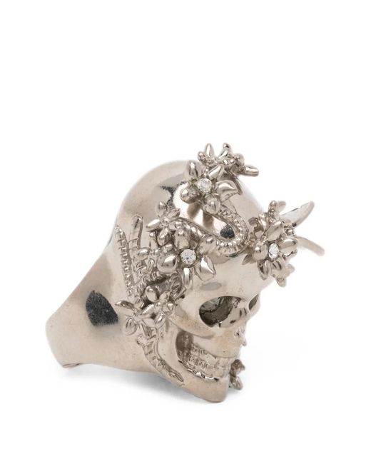 McQueen White Floral-Embellished Skull Ring