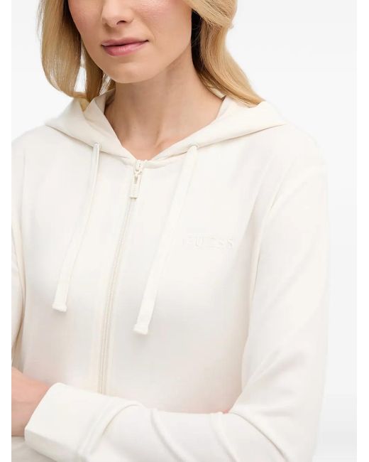 Guess White Logo-Embroidered Zip-Up Hoodie