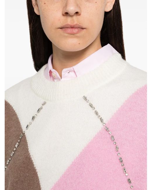 Liu Jo White Argyle Crystal-Embellished Sweater