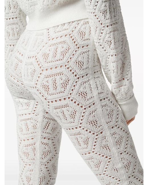 Philipp Plein White Monogram-Pattern Open-Knit Trousers