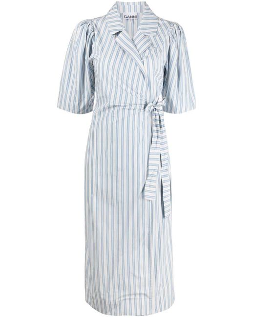 Ganni Cotton Striped Wrap Midi Dress in White | Lyst