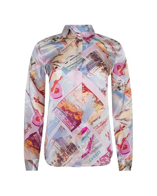 L'Agence White Tyler Postcard-Print Silk Blouse