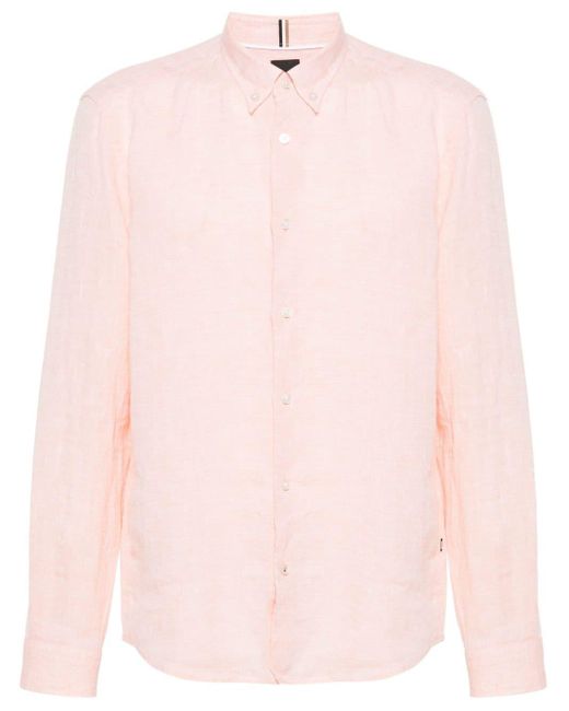 メンズ Boss Textured Linen Shirt Pink