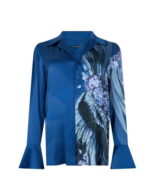 Alberta Ferretti Blue Floral-Print Flared-Cuff Shirt