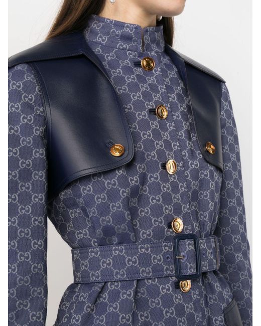 Gucci Blue Leather-trimmed Cotton-blend Jacquard Coat