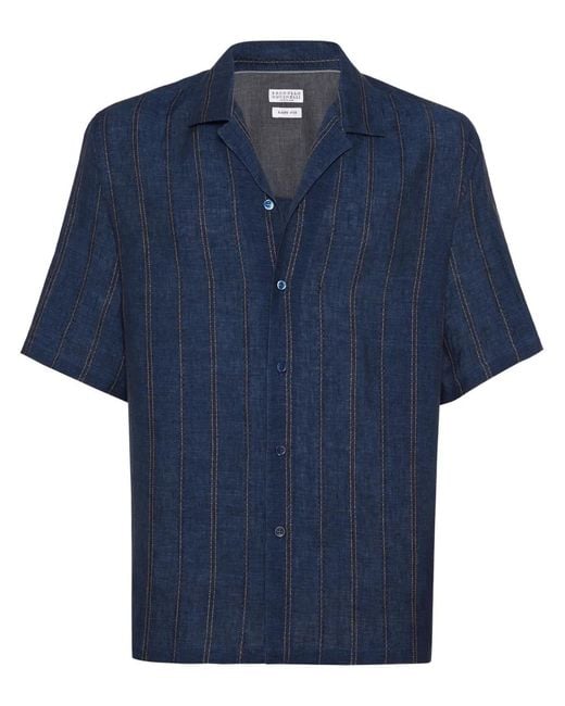Brunello Cucinelli Blue Short-Sleeve Linen Shirt for men