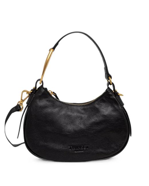 Twinset Black Logo-Debossed Leather Shoulder Bag